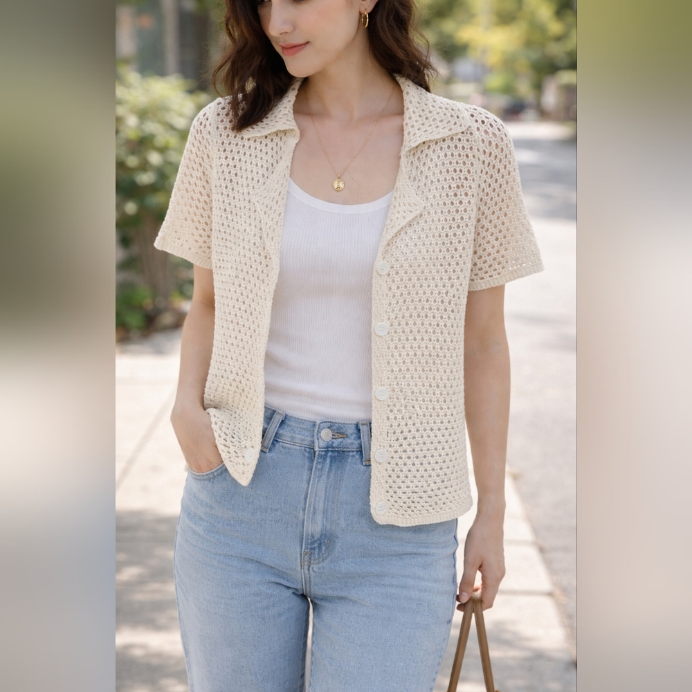 Vintage Inspired Crochet Top Cottagecore Boho Button Up Coastal Layering Shirt - Picture 3 of 8